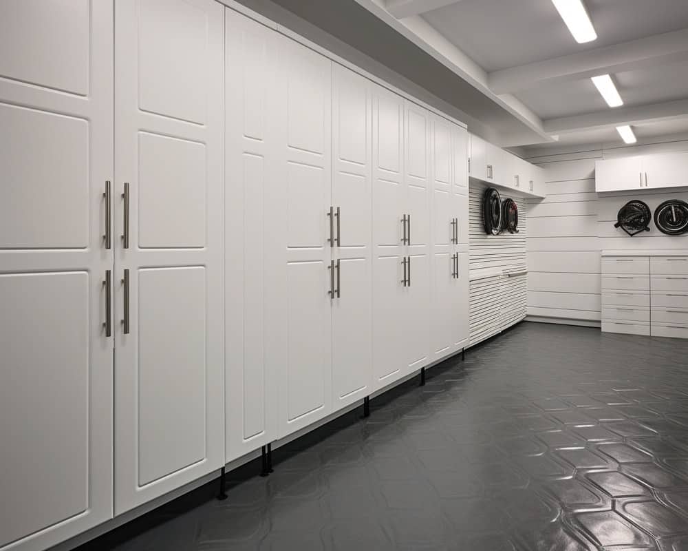 Built in white cabinets with black handles