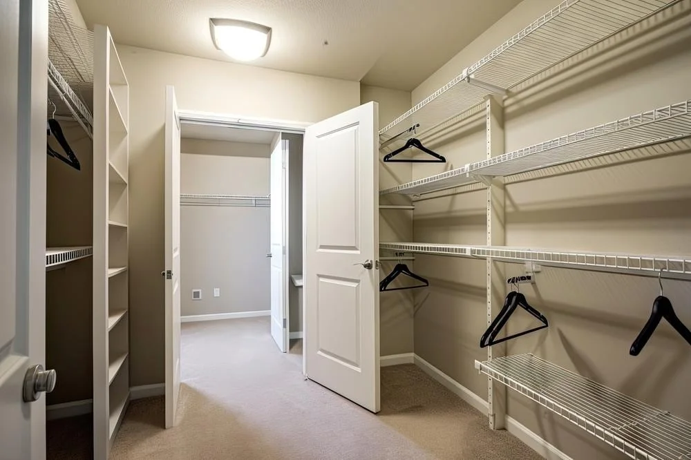 White empty walk in closets with metal rod shelves