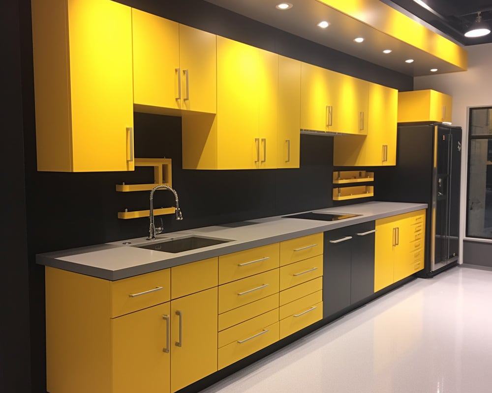 Yellow garage cabinets in a garage with spotlights on its ceiling