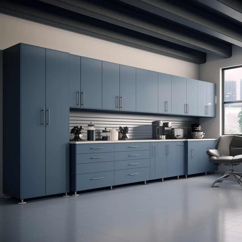 Light blue garage cabinets cost guide with a chair next to it
