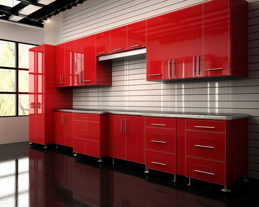 Red garage cabinets with white counter