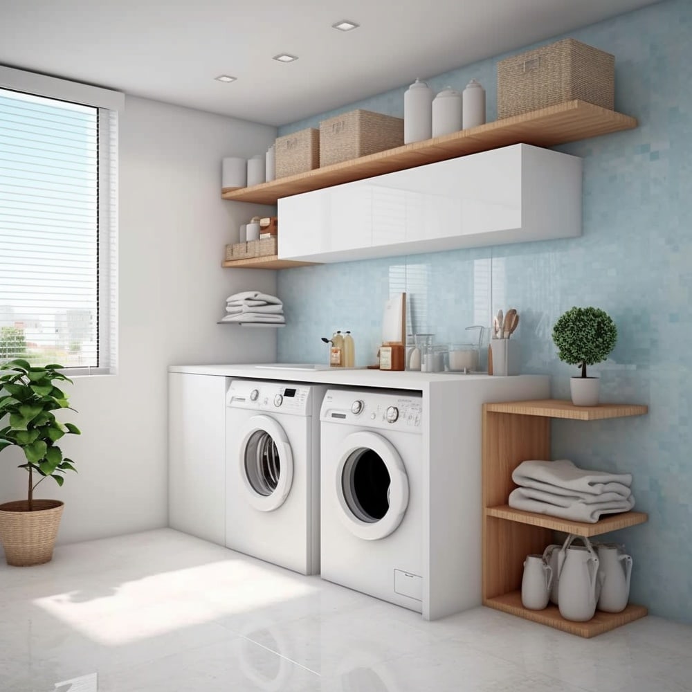 White laundry room with light blue wall