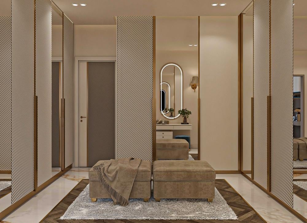 modern luxury bedroom with mirrored closet