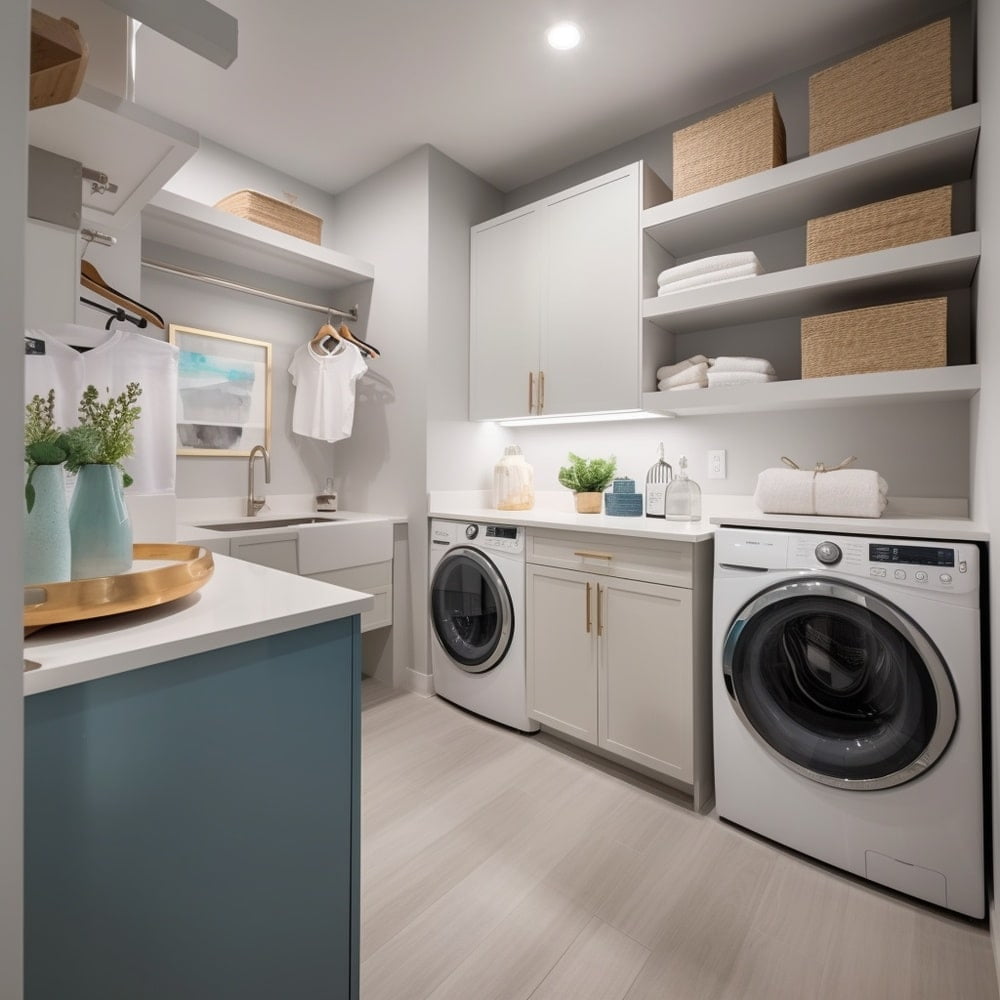 Luxury laundry room with a sink with washer and dryer