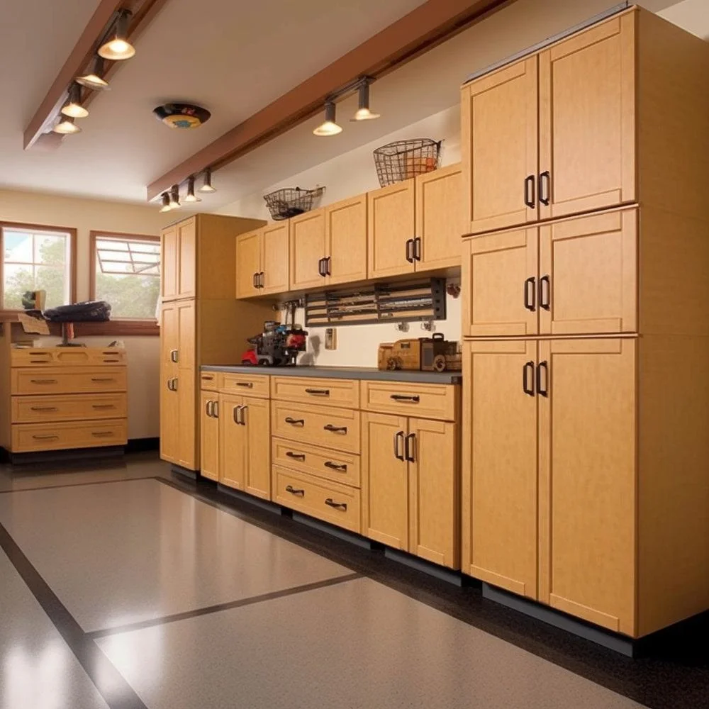 Wooden garage cabinets with utensils on it