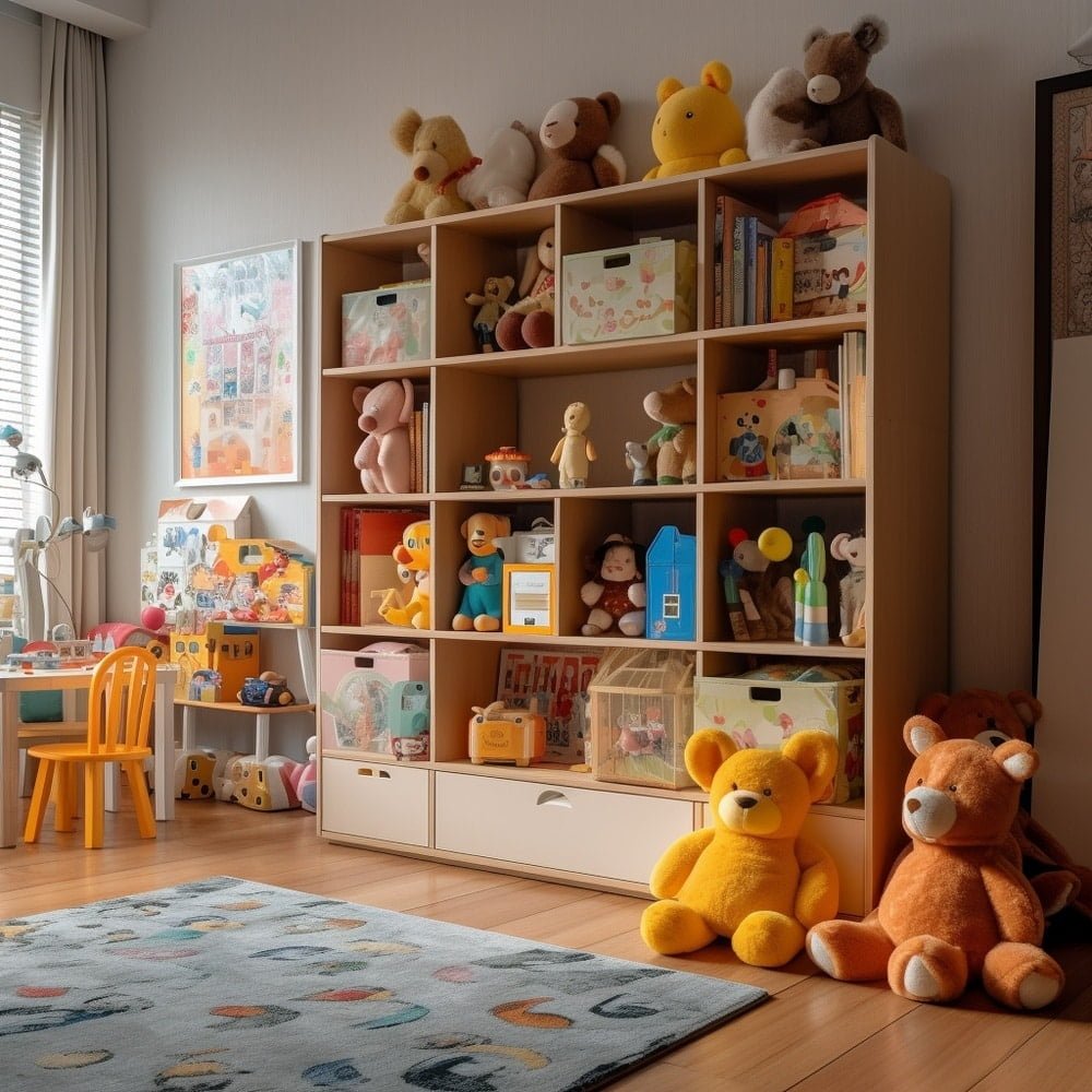 kids room with bookshelf full of toys and plushies