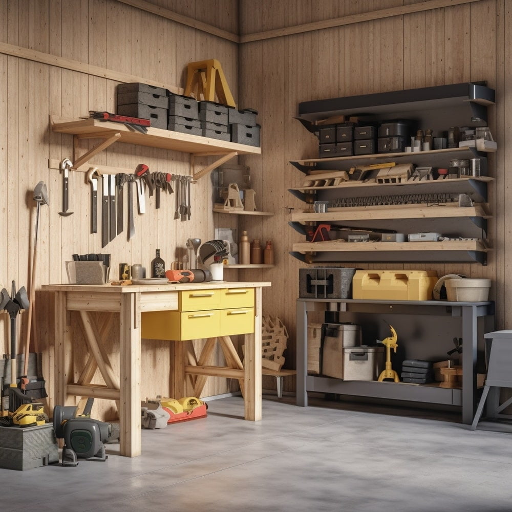 Wooden wall garage with open shelves and tools on the wall