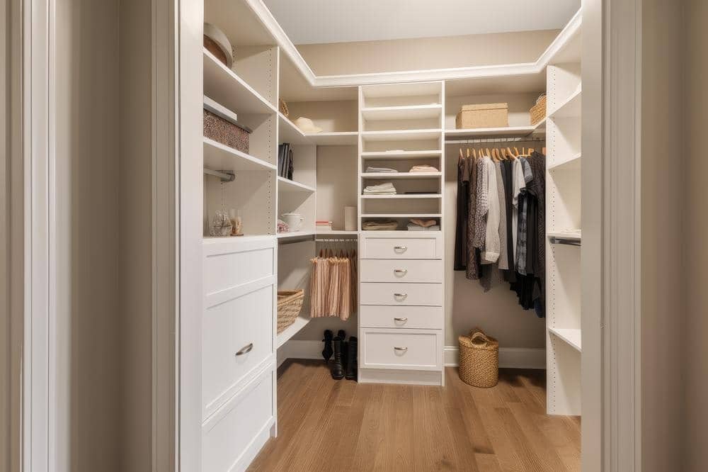 small white walk in closet filled with clothes