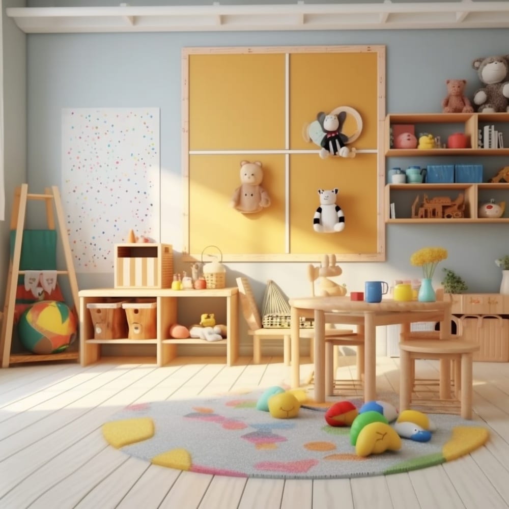 Toys scattered around in a kid's room with small table and chairs