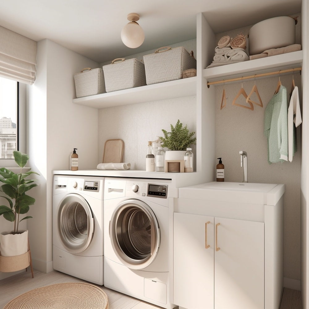 Small laundry with white shelves and baskets on them
