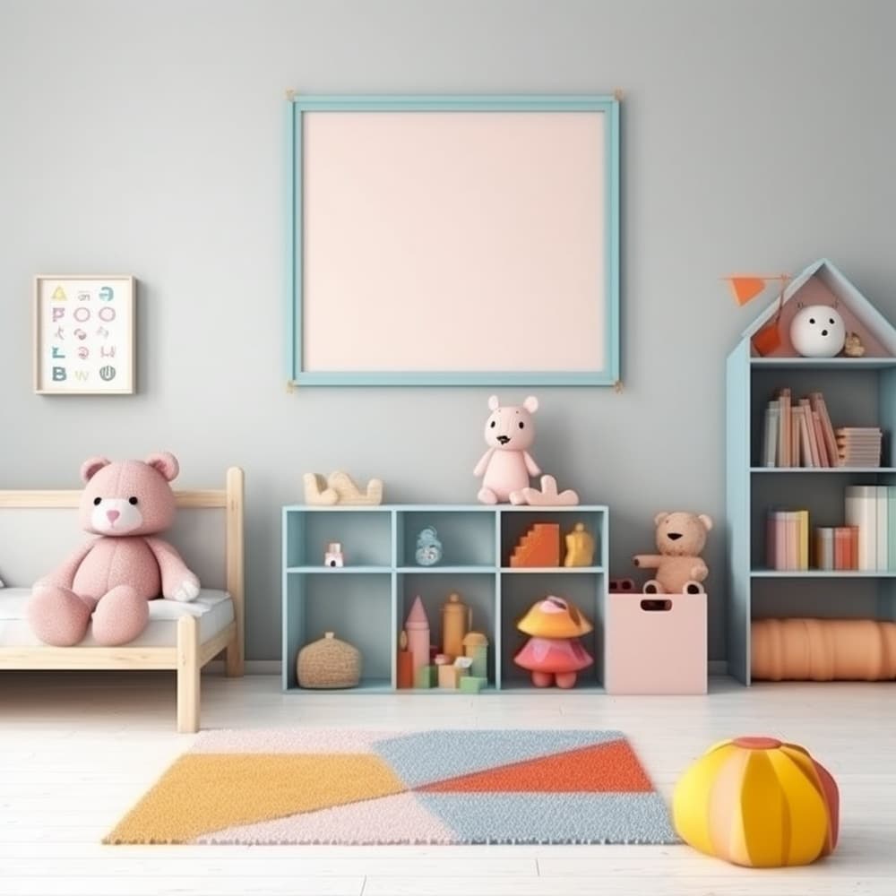 Light blue wall kids room with toy shelves full of toys