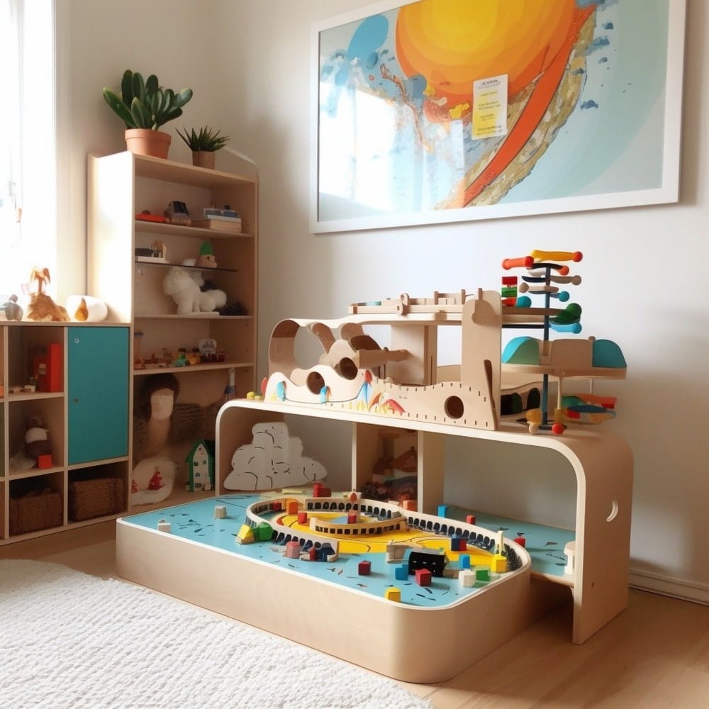 Wooden toy shelves in a kids room with painting on the wall