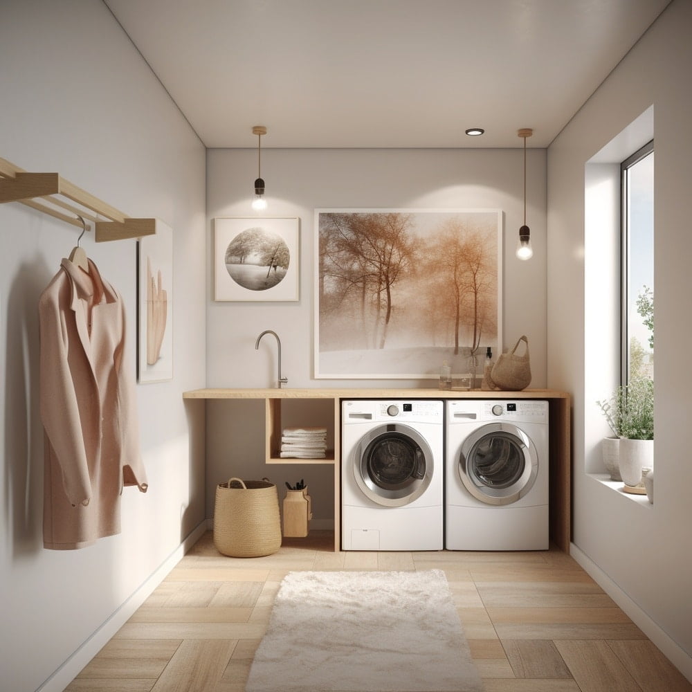 Laundry room with window and washer dryer