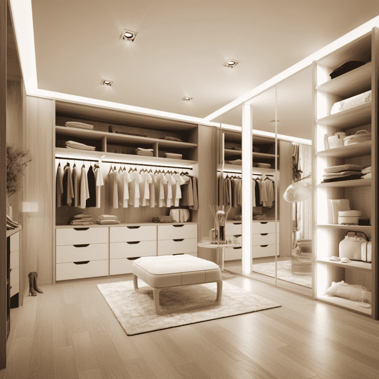 Modern led lighted walk in closet with a bench