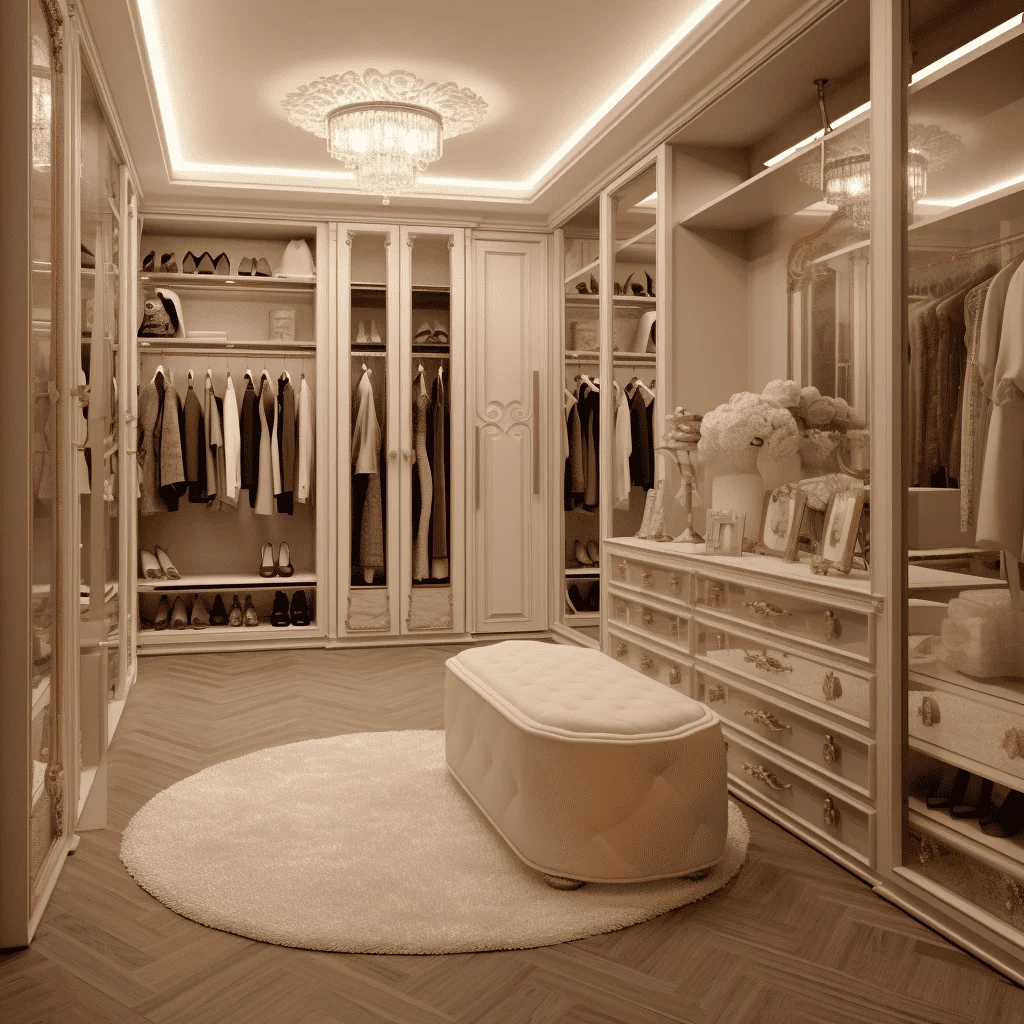 Luxurious classic walk in closet with glass doors