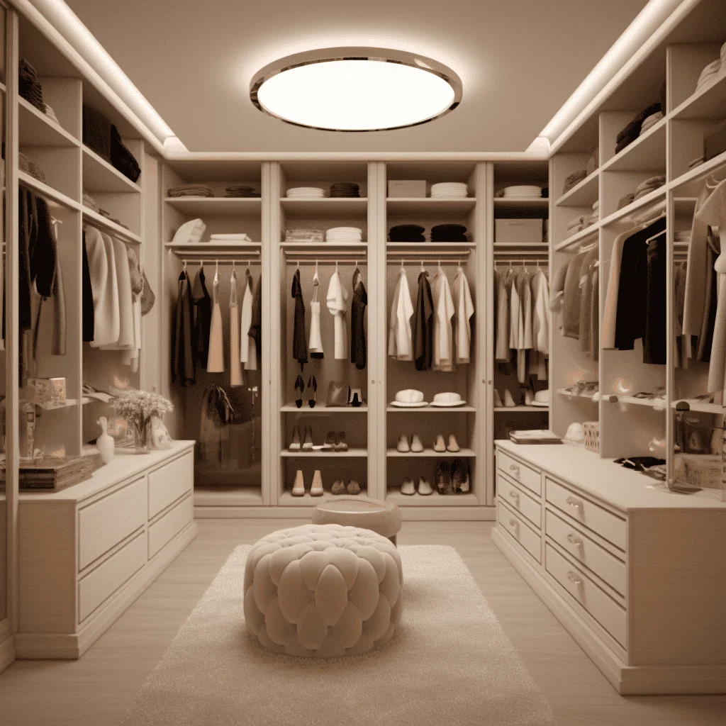 Walk in closet with glass door closets and drawers