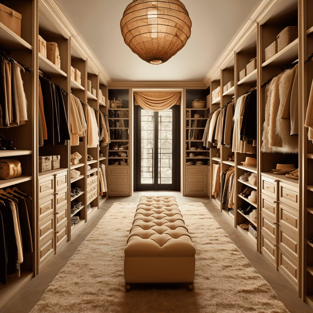 Luxurious walk in closet with wide ottoman in the middle of the room