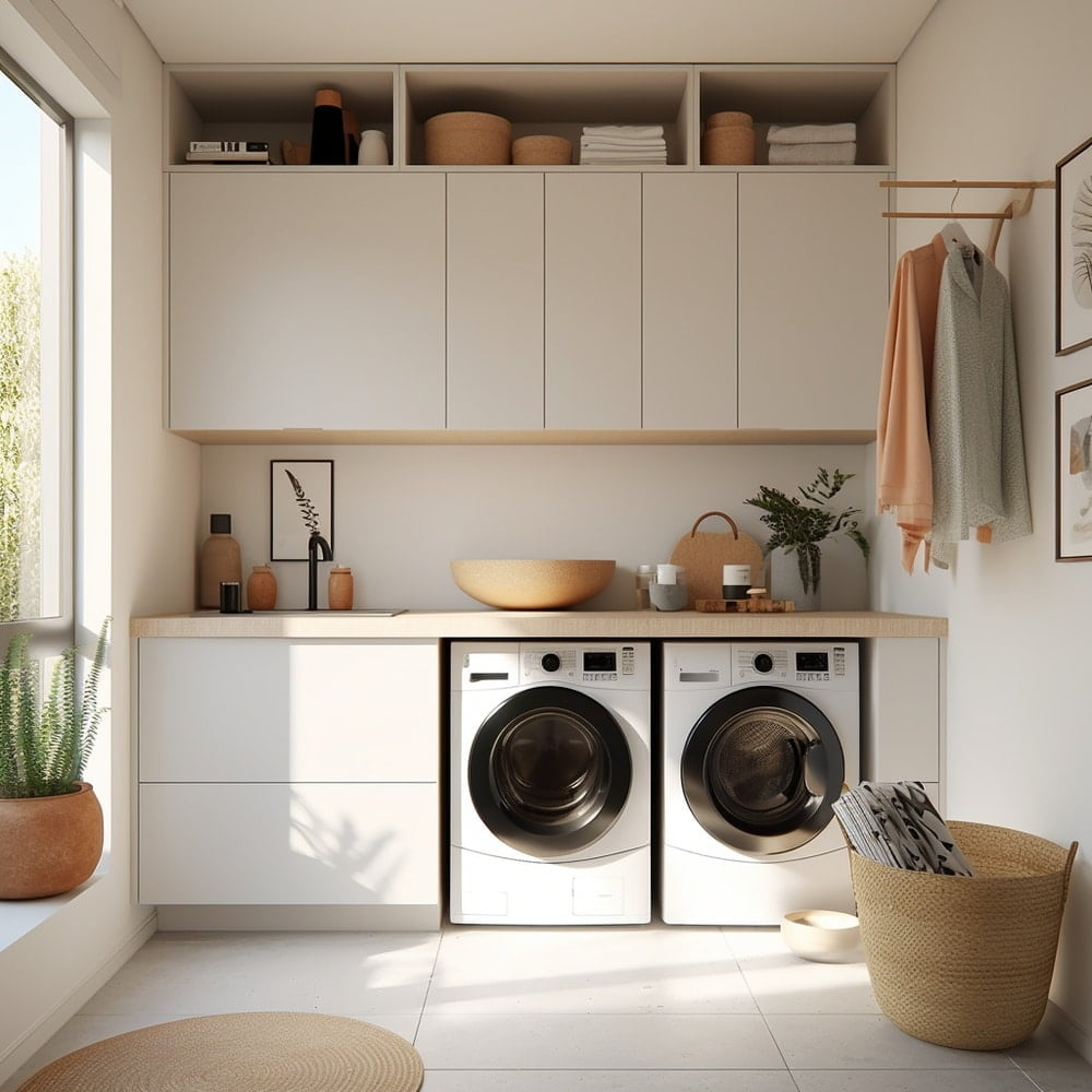 Small white laundry room with washer and dryer next to each other