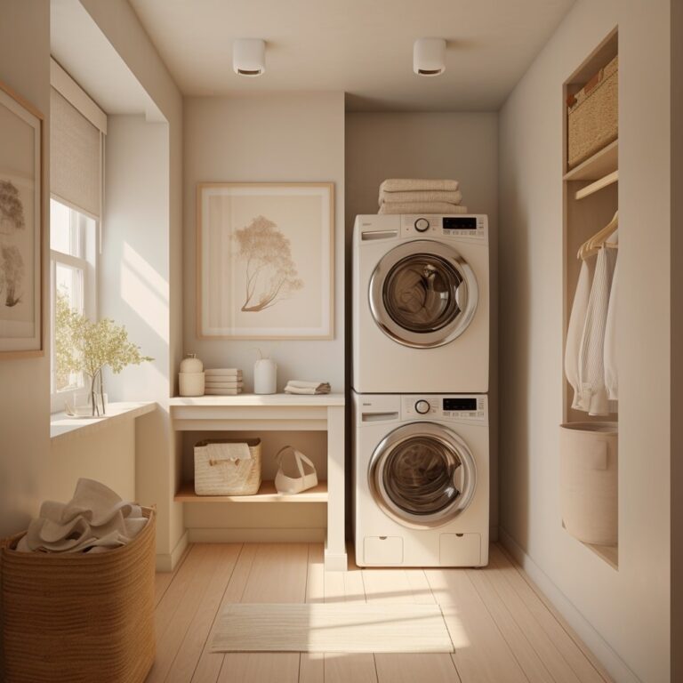 White beige small laundry room with washer and dryer