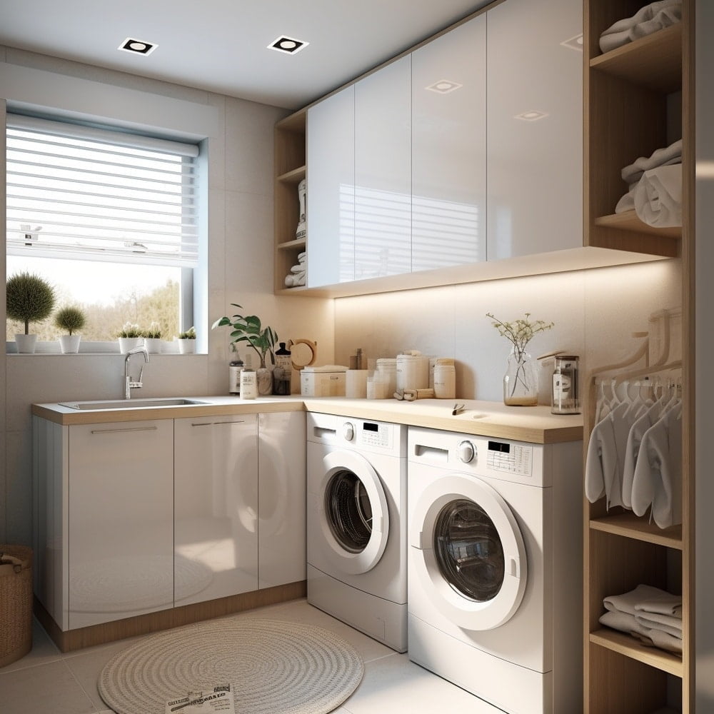 Modern small laundry room with sink and two washer