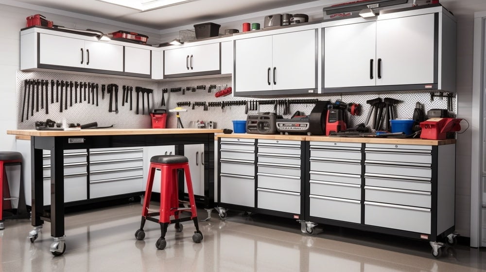 White garage cabinets and drawers with tools and counters