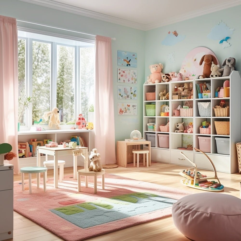 Large windowed room with pink curtains and rug and toys on the shelves