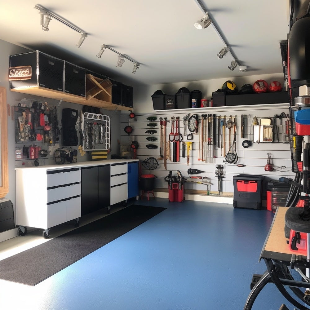 Medium sized blue floor garage with tools hanging on the wall