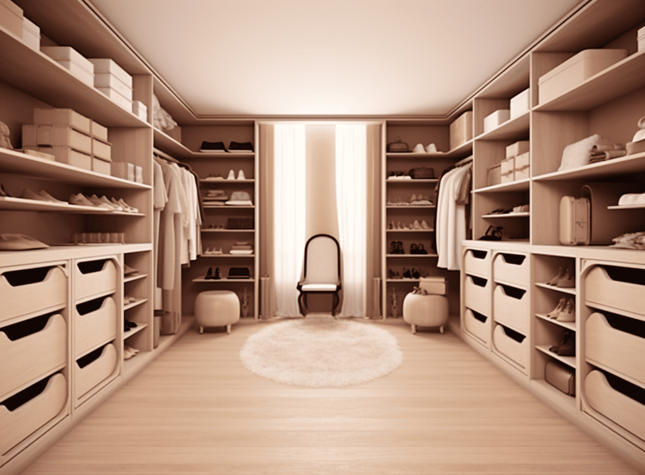 Light brown walk in closet with wooden flooring and big drawers
