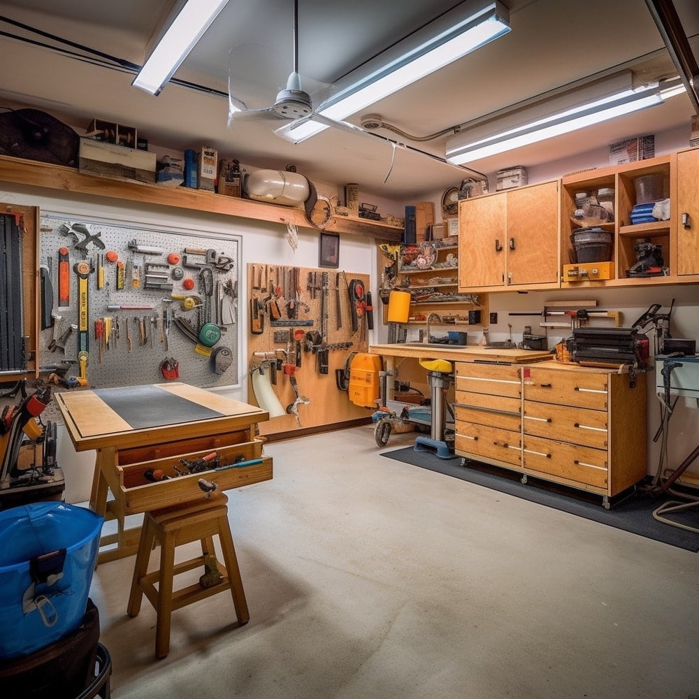 Garage layout with wooden cabinets and utensils hanging on the wall