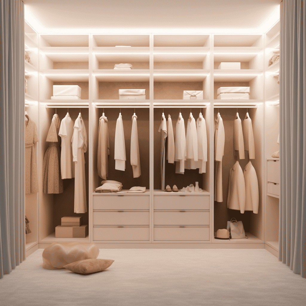 Small walk in closet with led lighted shelves