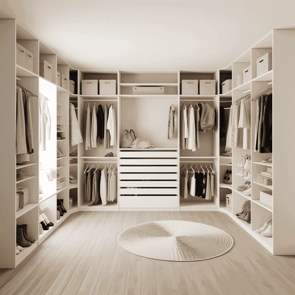 White walk in closet with round rug on the floor