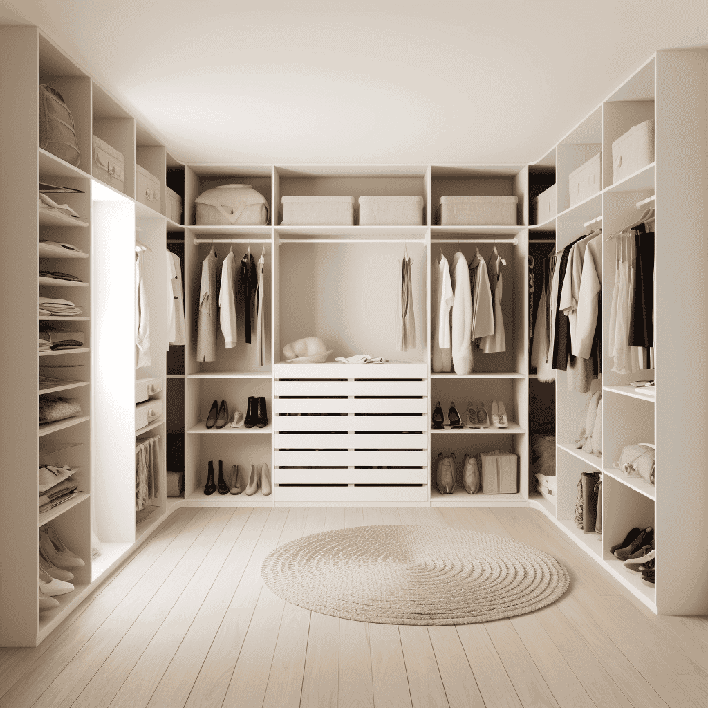 White walk in closet with open shelves hangers and a rug