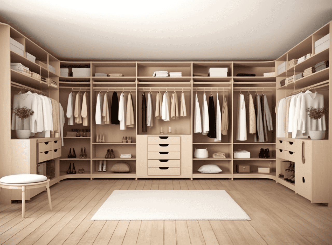 Large walk-in closet with white rug and drawers