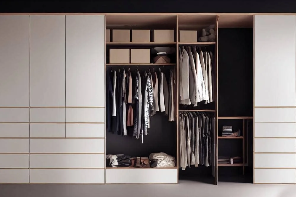 white built in closet with clothes put inside