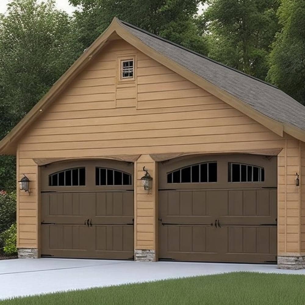 Wooden detached garage with two brown doors
