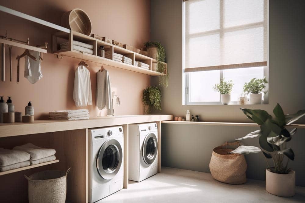 Brown toned laundry room with a window