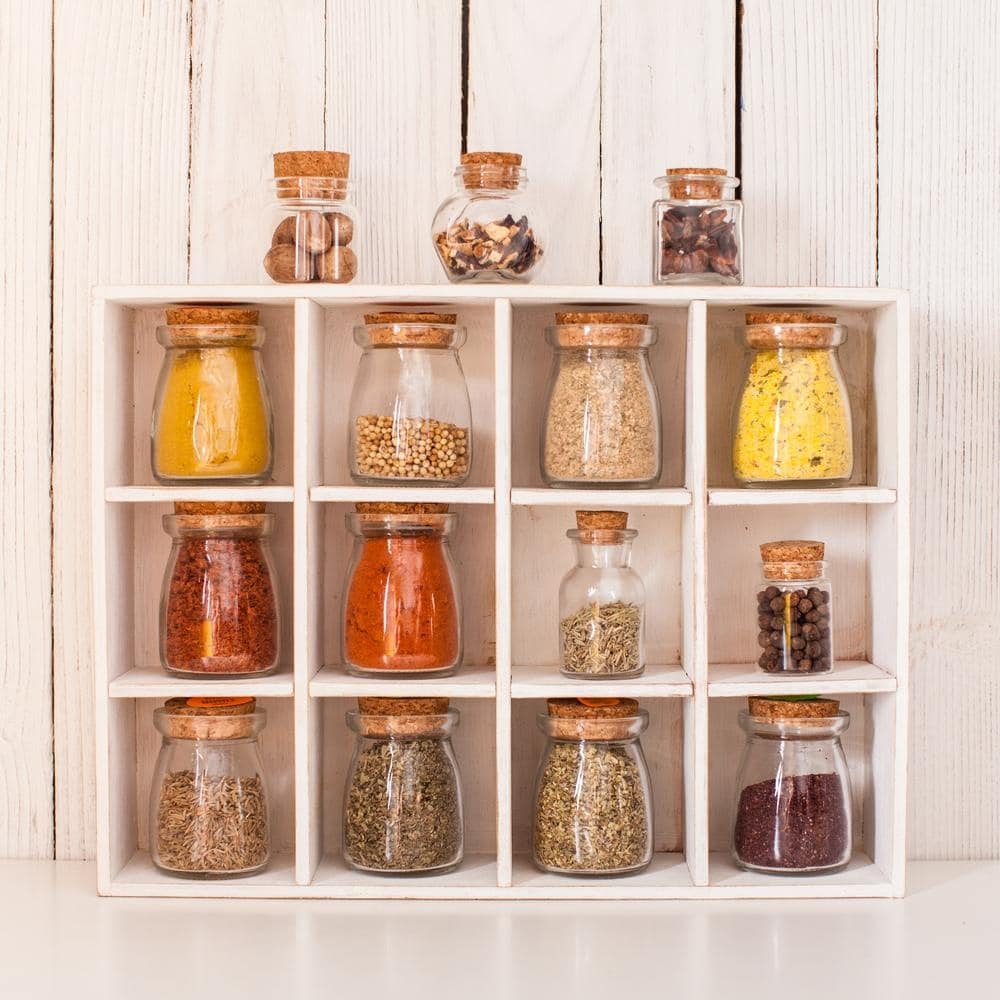 Vintage pantry shelf with square sections and jars