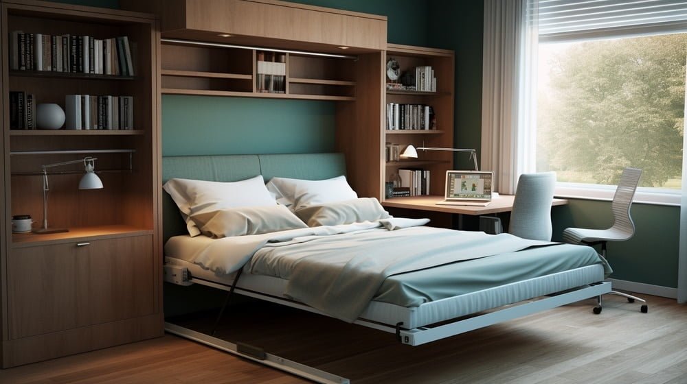 modern blue sheet murphy bed next to a desk