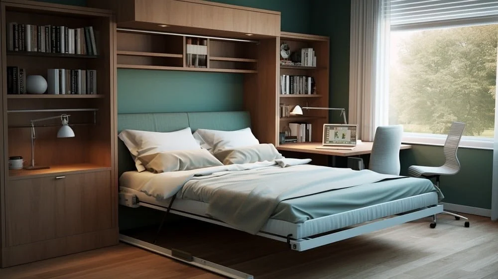 modern blue sheet murphy bed next to a desk