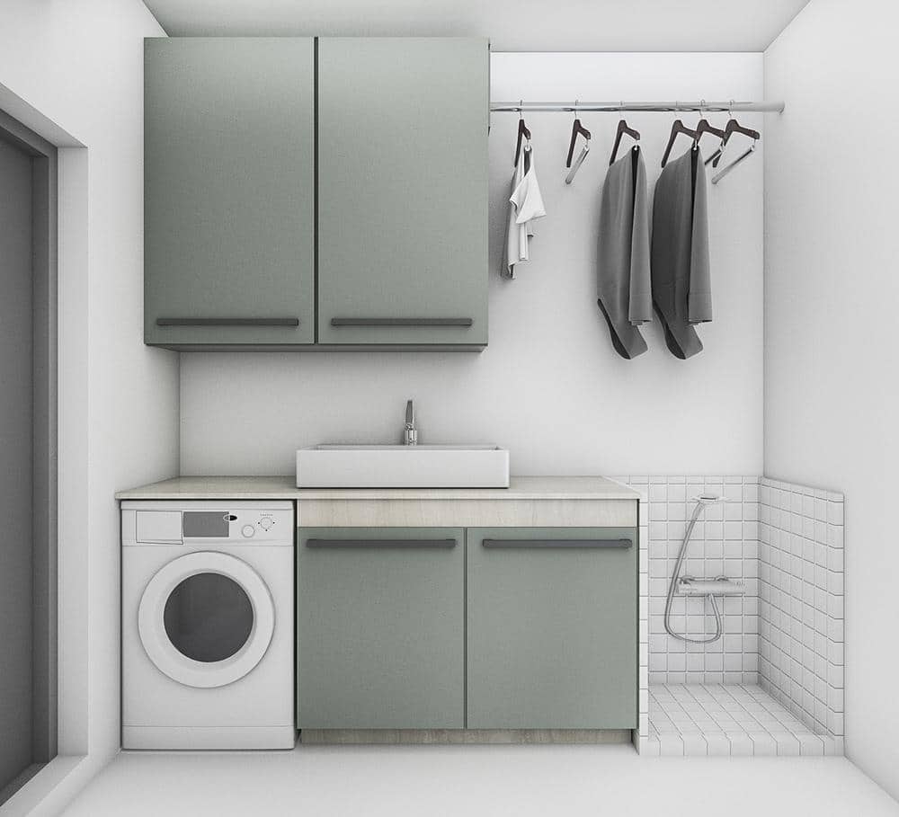 Grey laundry room with washer and a sink on the counter