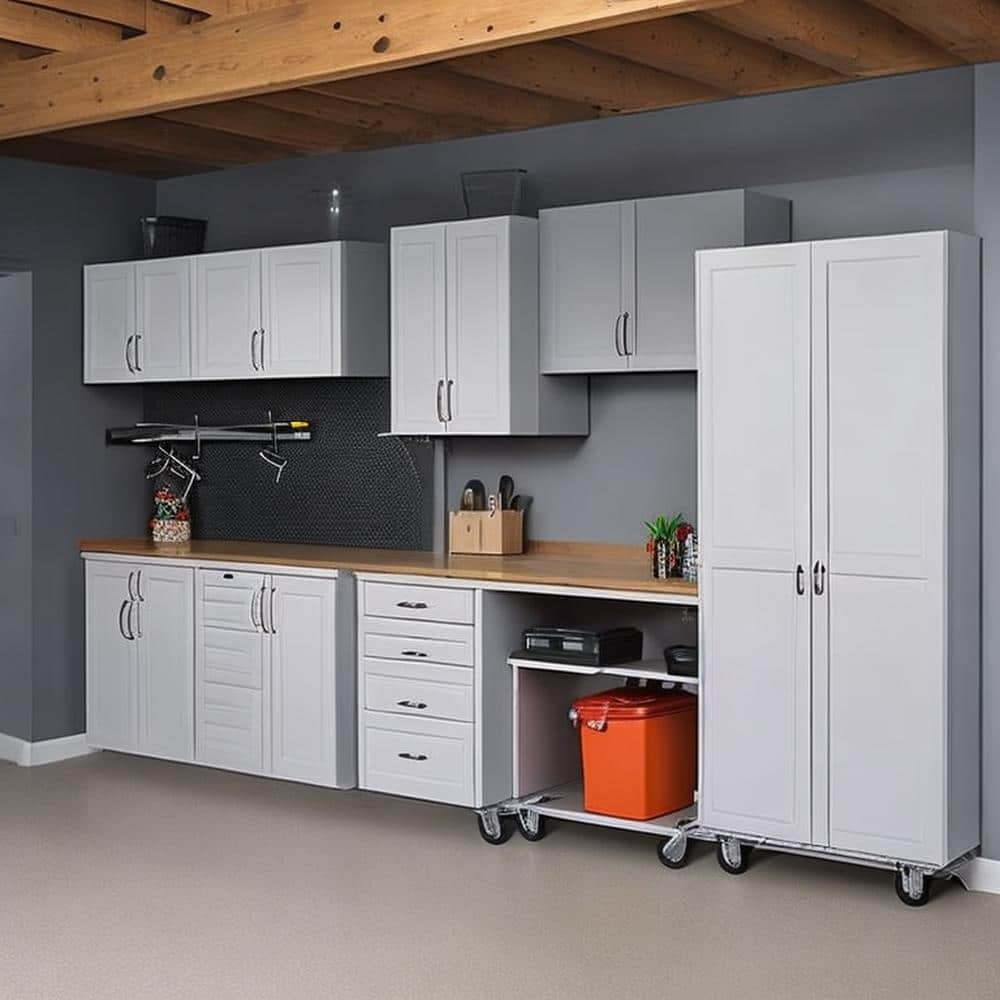 Grey garage cabinets with tools and supplies