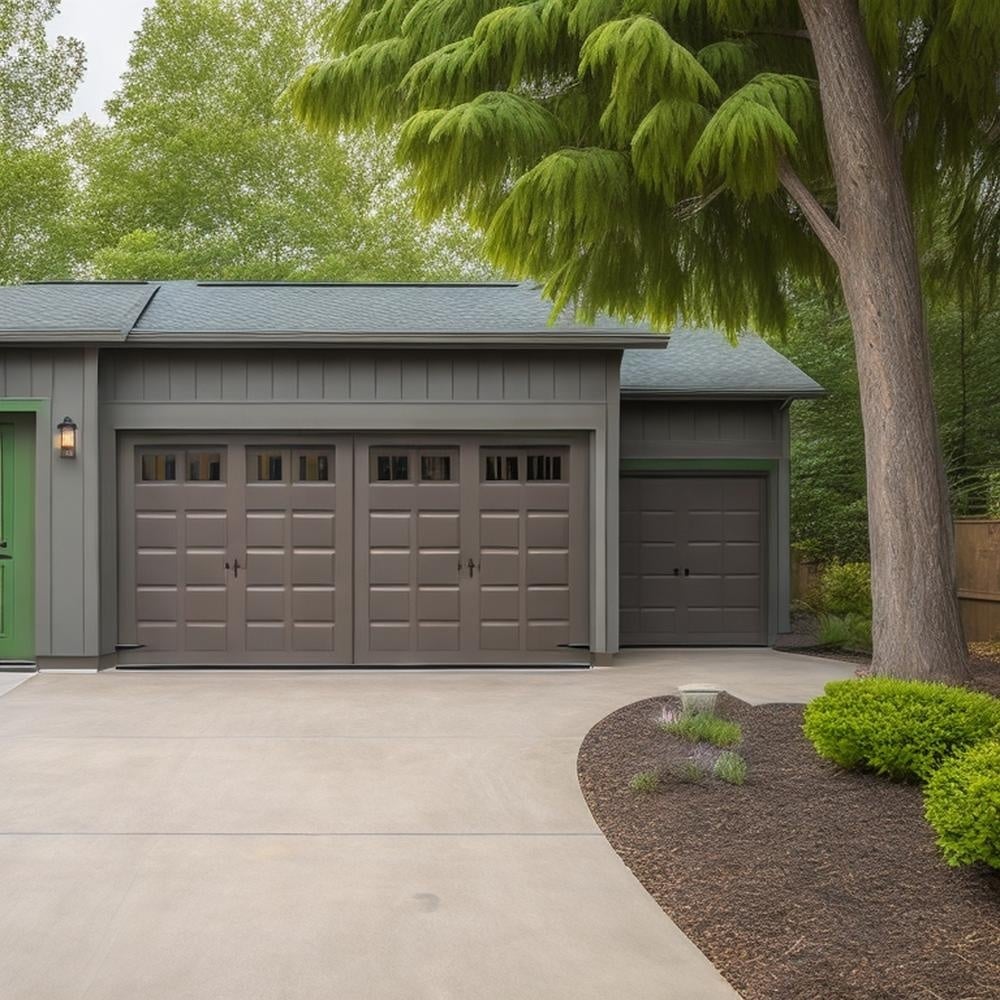 Detached grey painted garage next to a tree