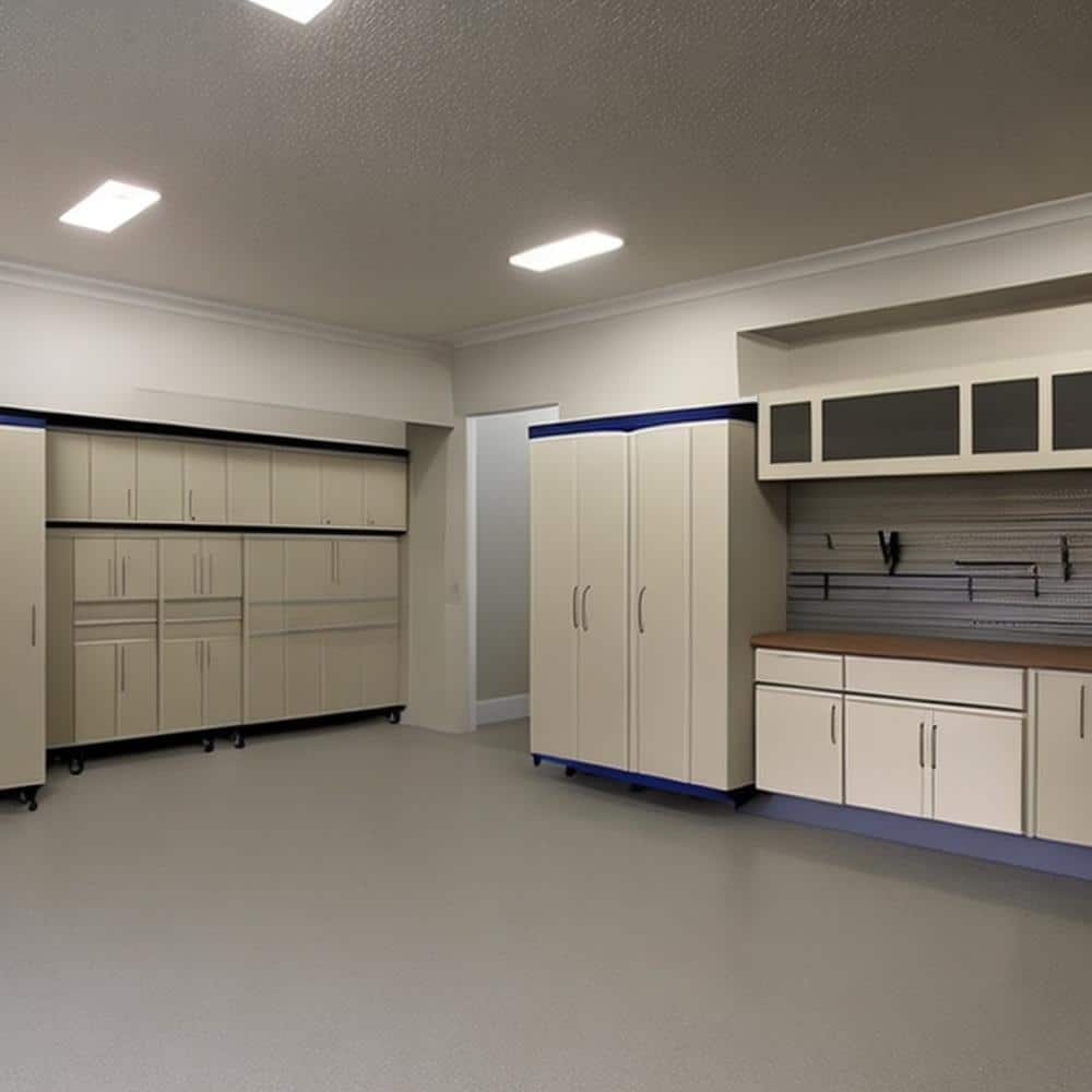 Garage with grey floor and white beige cabinets