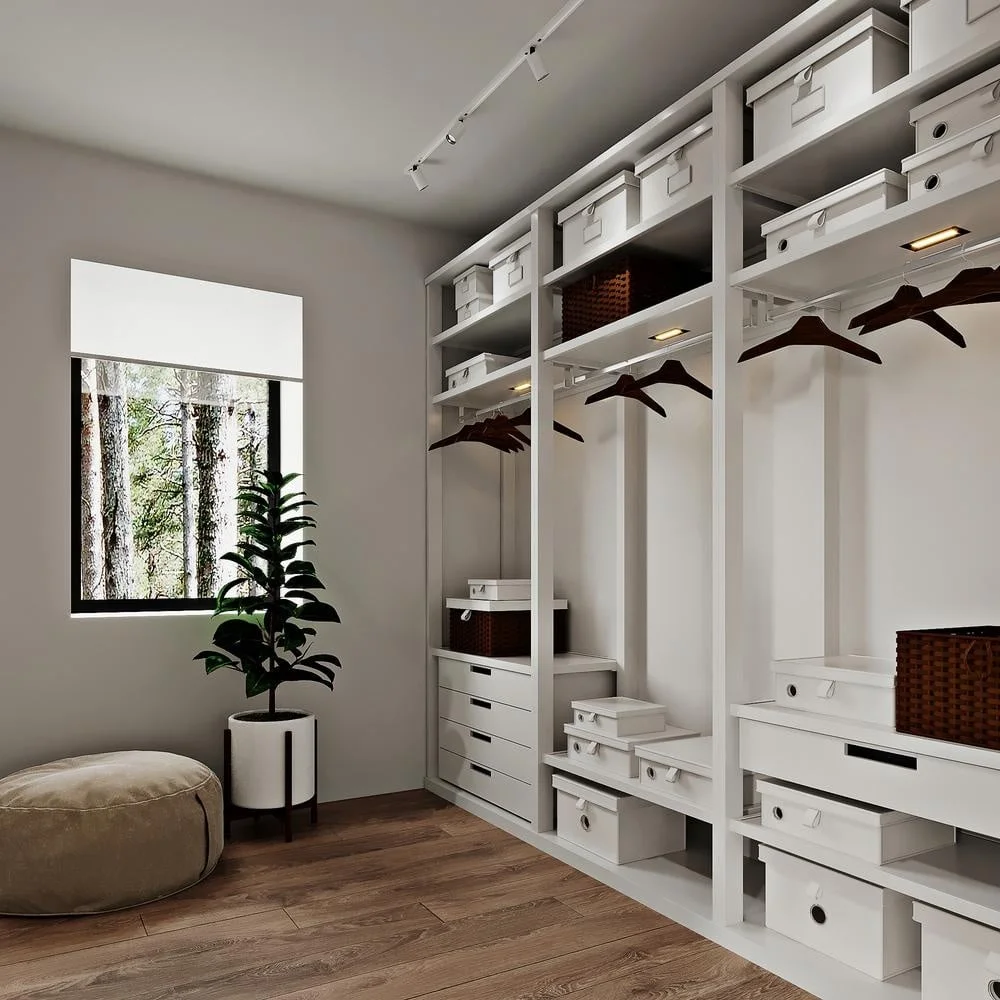 The Power of Simplicity: Embrace Elegance with These 14 White Wardrobe Closet Ideas 5 White built in closet with empty hangers and storage boxes on its shelves