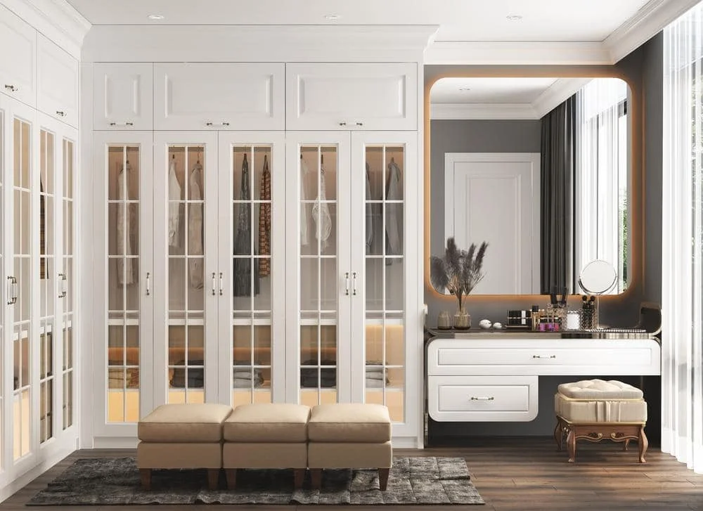The Power of Simplicity: Embrace Elegance with These 14 White Wardrobe Closet Ideas 7 Modern bedroom with white glass inserted wardrobe and make up corner