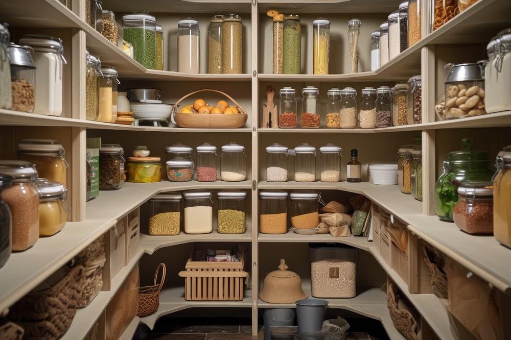 Walk in pantry with a lot of shelves and jars on them