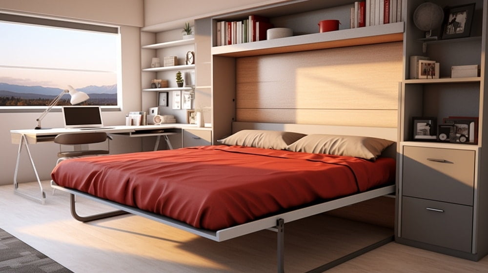 Twin sized red murphy bed with desk attached to its frame