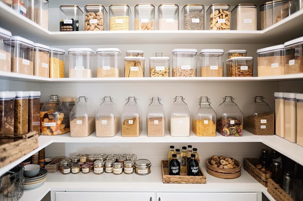 White pantry shelves with jars of food and dried goods