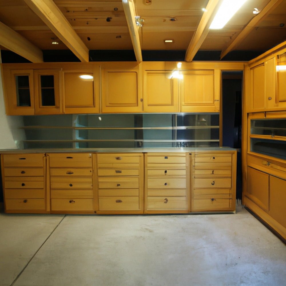 Rustic garage cabinets with counter