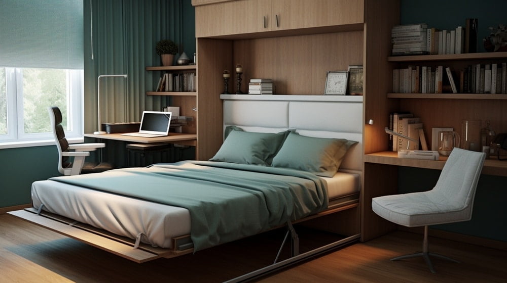 Modern murphy bed with pale blue sheet and desk